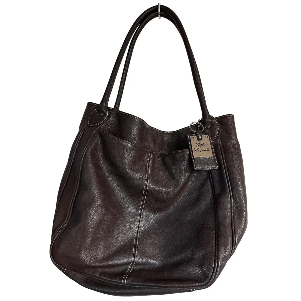 Sophia Caperelli Dark Brown Pebbled Leather Hobo Shoulder Bag Slouchy Purse EUC